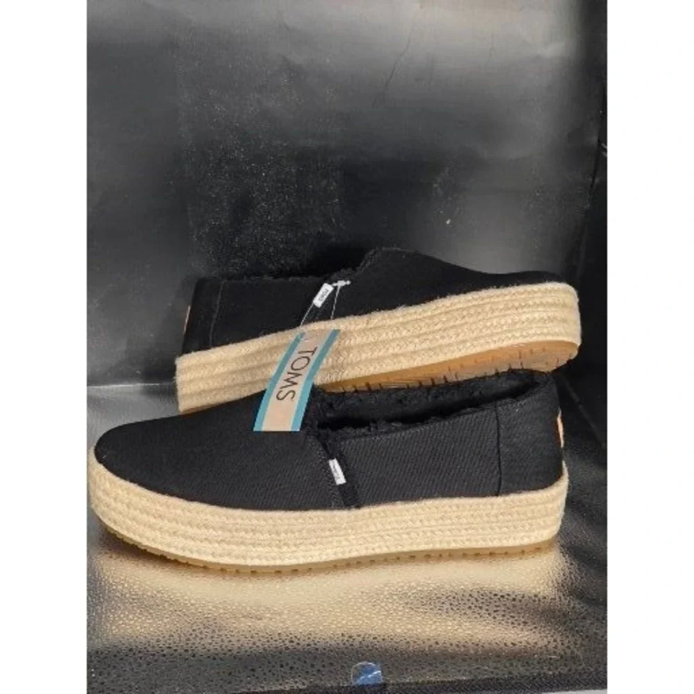 Toms Valencia Black Canvas Fray Platform Espadrille Slip On Shoes Womens 10 NEW